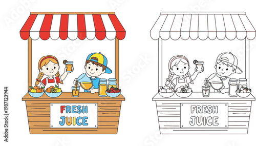 Cute kids running a fresh juice stand cartoon illustration. Boy and girl selling summer drinks, color and black outline coloring book page vector.
