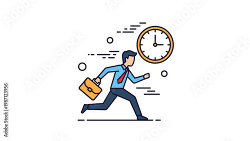 A businessman running with a briefcase next to a large clock, depicting concepts of urgency, time management, and being late for work.