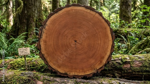 Tree stump with intricate wood grain pattern surrounded by lush green forest scenery