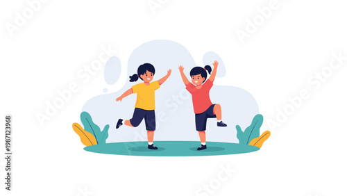 Two joyful children playing outdoors, depicting friendship, childhood, happiness, and active playtime in a natural setting.