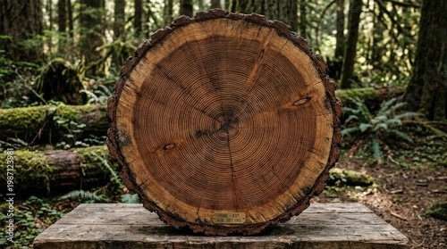 Cross-section of a tree trunk showcasing annual rings in lush forest environment