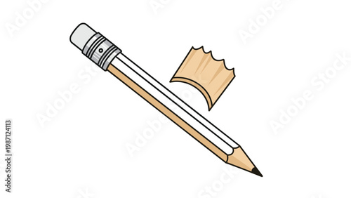 A simple illustration of a wooden pencil with a freshly sharpened shaving next to it, symbolizing writing, drawing, and creativity.