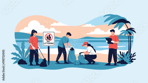 A group of people cleaning up a beach or park area with 'no littering' sign, symbolizing environmental protection and community service.