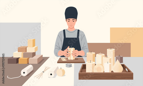 An artisan crafting handmade candles at a worktable