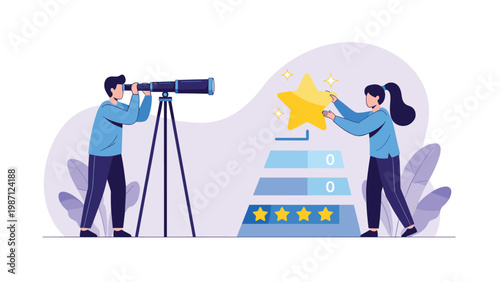 A man using a telescope to observe a distant goal, while a woman places a star on a ratings pyramid, symbolizing goal setting and achievement.