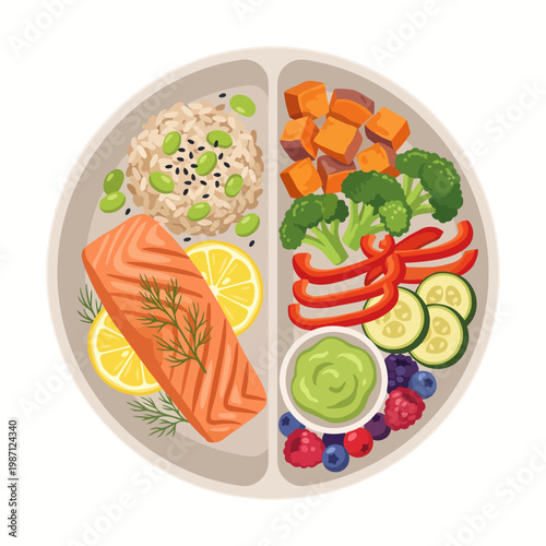Fotografie A health-conscious meal plate showcasing grilled salmon, accompanied by vibrant vegetables, brown rice, and a colorful arrangement of fruits, embodying balanced nutrition