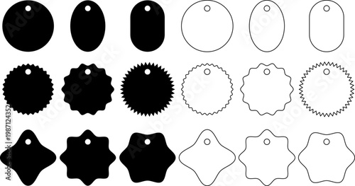 Vintage labels shape with holes vector icon set. Scalloped hang tag outline cut out template. Retail packaging slot symbols. For price tag, sale discount, gift cards christmas, product plastic package