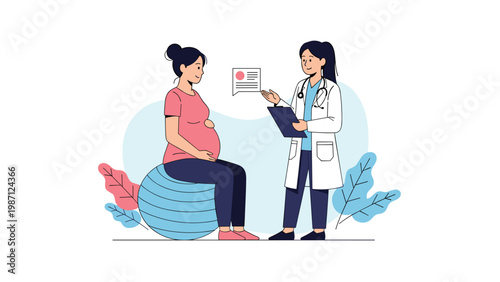 Pregnant woman sitting on an exercise ball, attentively listening to a female doctor holding a clipboard during a prenatal consultation.