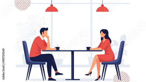 Man and woman sitting at individual tables in a cafe, looking at each other across the space, possibly on a first date or engaging in thoughtful conversation.