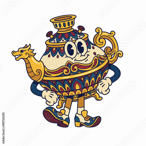 This delightful teapot character, featuring a dragon design, adds a touch of whimsy and fantasy to the concept of tea time while capturing the essence of playful creativity.