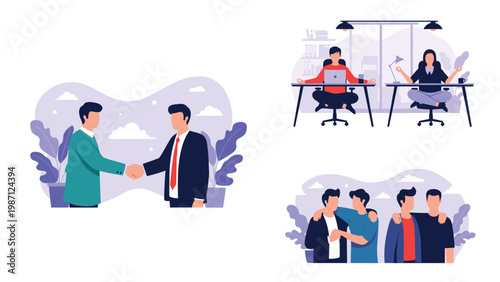 Collection of three distinct illustrations showcasing key social and professional interactions: a business deal, workplace wellness, and close male friendship.