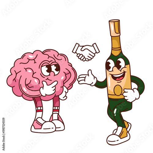 A playful image displaying a cartoon brain and a bottle shaking hands, representing the humorous relationship between intelligence and indulgence in a fun and comic art style.