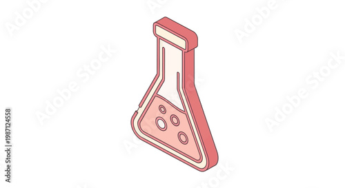 Isometric illustration of a laboratory flask with a pink substance for science and experimentation