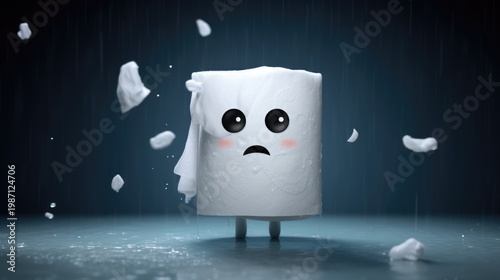 cute sad toilet paper roll stand in rain