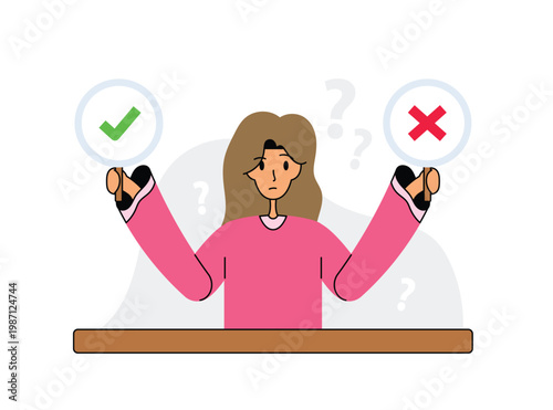 Confused woman choosing between right or wrong options. Girl holding check and cross symbols. Concept of decision making and dilemma in flat design vector illustration.