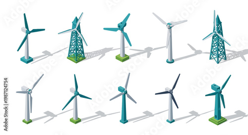 Isometric illustration of wind turbines showcasing renewable energy and sustainable power generation