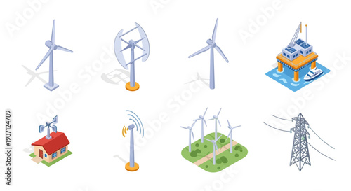 Isometric illustrations of diverse renewable energy sources and infrastructure for the future
