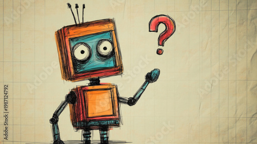 drawing of robot character with a question
