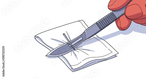 Vector illustration of a surgeon's hand holding a surgical scalpel poised to cut a piece of sterile gauze, medical procedure concept