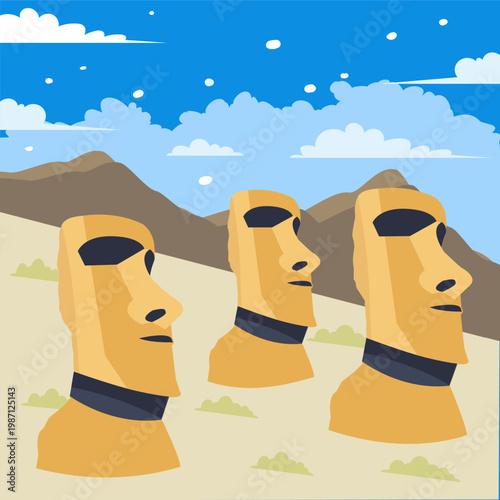 Foto Moai heads at Ahu Tongariki, Easter Island, Chile, vector illustration