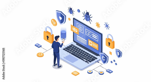 Cybersecurity concept with man protecting laptop from digital threats.