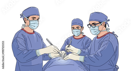 Vector illustration of medical professionals performing a surgical procedure, representing healthcare and teamwork in a hospital setting