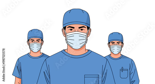 Dedicated healthcare team in surgical scrub suits with protective masks, a stylized vector illustration showcasing essential medical professionals during critical times