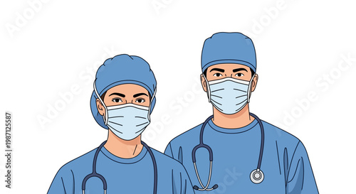 Vector illustration of male and female medical professionals in surgical scrub suits, caps, and protective face masks, symbolizing healthcare and front-line medical staff during a public health crisis