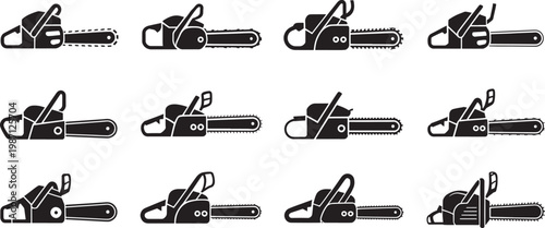 Chainsaw vector icons set isolated on a transparent background, saw silhouette collection, lumberjack tool