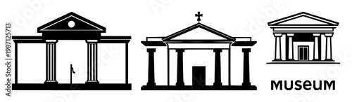 Museum set with solid black icon on white background featuring cultural, heritage, architecture with museum and museum building