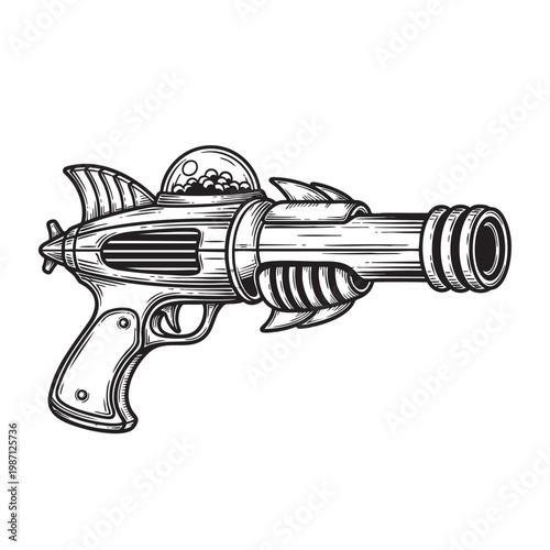 Sleek Futuristic Handgun with Aerodynamic Barrel — Stylized Space Era Sidearm Ink Drawing