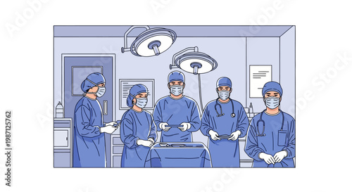 Vector illustration of a diverse surgical team in scrubs and masks preparing for an operation in a sterile operating room