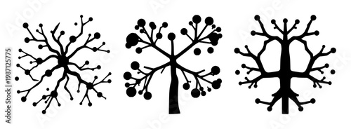 Neural network set with solid black icon on white background featuring branching nodes, digital, connectivity with line art and minimalist