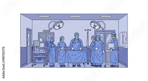Illustration Vector Medical Team Performing Surgery In Operating Room With Advanced Equipment And Lighting