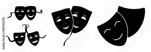 Theater masks set with solid black silhouettes on white background featuring comedy mask, tragedy mask, icon with entertainment and arts