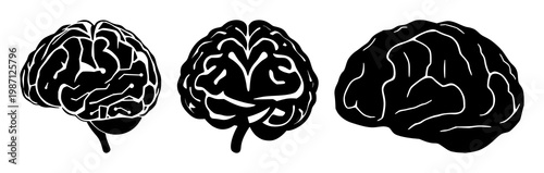 Artificial Intelligence brain icon set with solid black design on white background featuring circuit lines, illustration, vector graphics with brain, circuitry and AI concepts