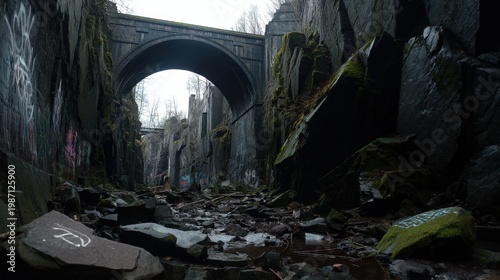 Stone bridge spans a deep rocky gorge filled with debris and graffiti.