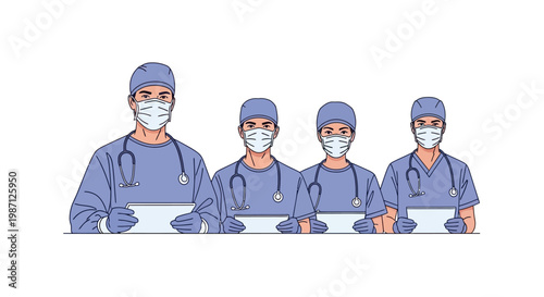 Dedicated healthcare team Vector illustration featuring masked medical professionals in surgical scrubs, ready to provide essential care and support during health challenges