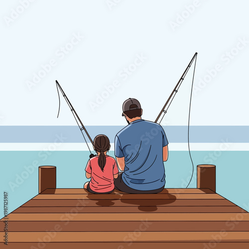 Family Fishing Together on Pier Overlooking the Ocean Waters