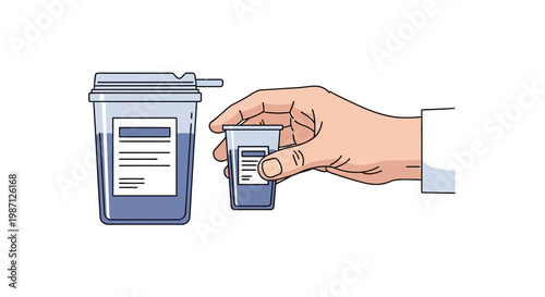 Vector illustration of a hand holding a small urine sample cup next to a larger collection container for medical testing