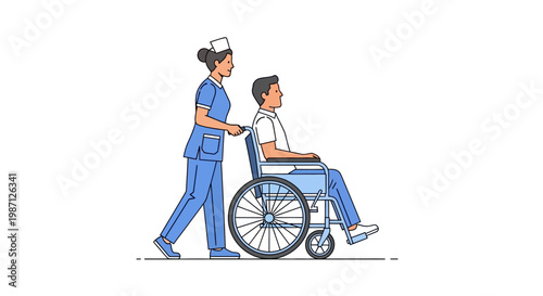 Vector Illustration of a Nurse Pushing a Patient in a Wheelchair, Showing Care and Support in a Medical Setting