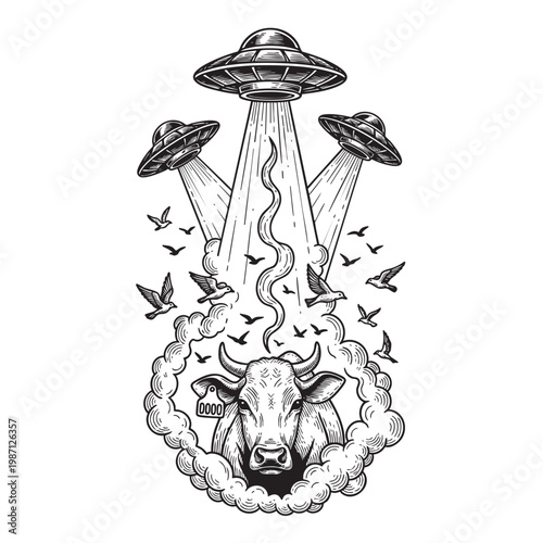 Menacing UFO Abducting Horned Bull in Swirling Smoke and Flock of Birds — Epic Dark Alien Artwork