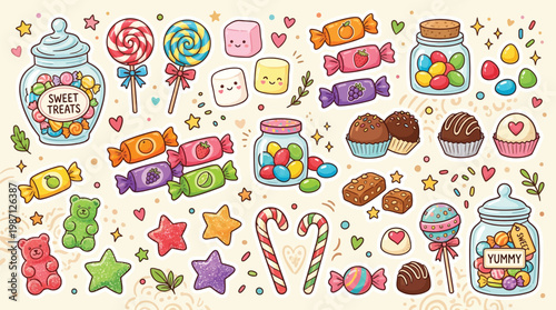A delightful collection of colorful cartoon candies and sweet treats, including lollipops, gummy bears, chocolates, and wrapped sweets, arranged on a light background.