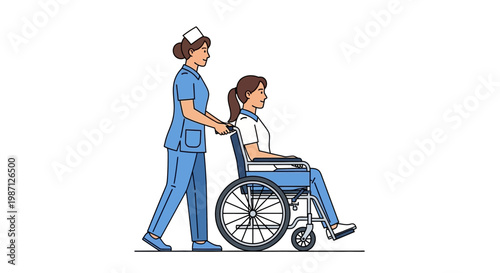 Vector illustration of a dedicated female nurse providing professional medical care, pushing a patient in a wheelchair, highlighting healthcare support and recovery journey