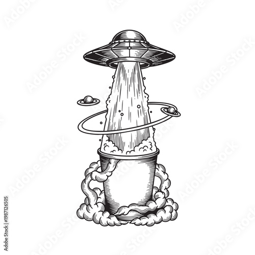 Flying Saucer Beaming Up a Steaming Mug Through Swirling Clouds — Alien Abduction Coffee Vector