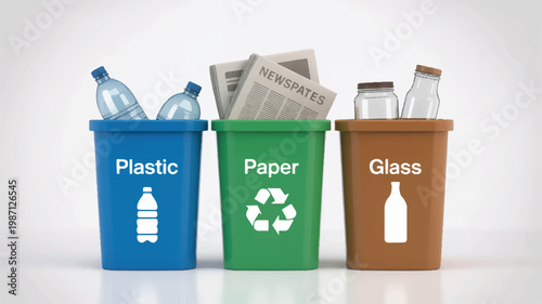 Colorful recycling bins for plastic paper and glass waste management