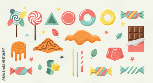 A vibrant collection of assorted candies, sweets, and desserts, including lollipops, jelly, chocolate, and gummy cubes, arranged playfully on a light background.
