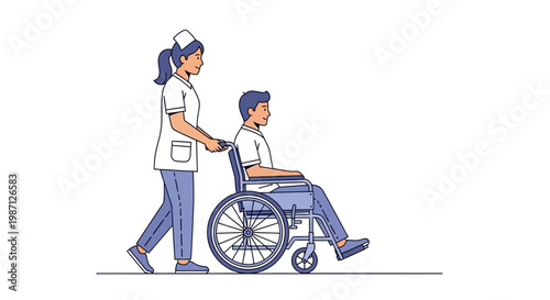 Vector illustration of a nurse assisting a patient in a wheelchair, depicting professional healthcare support, compassionate medical care, recovery, and rehabilitation