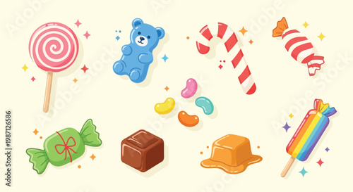 A vibrant collection of assorted candies, including lollipops, gummy bears, candy canes, and jelly beans, arranged on a light background.