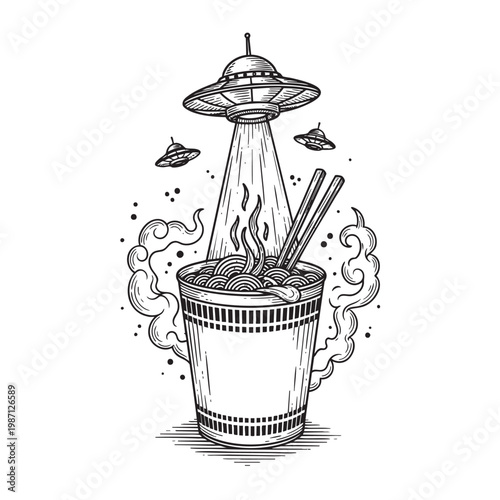 UFO Abducting Instant Noodle Cup with Chopsticks Amid Cosmic Smoke — Alien Ramen Surreal Art